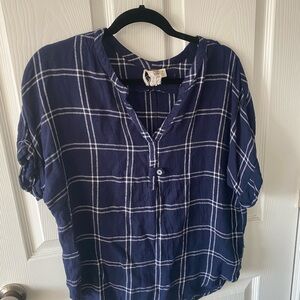 Navy Blue Plaid Button-Up Blouse
